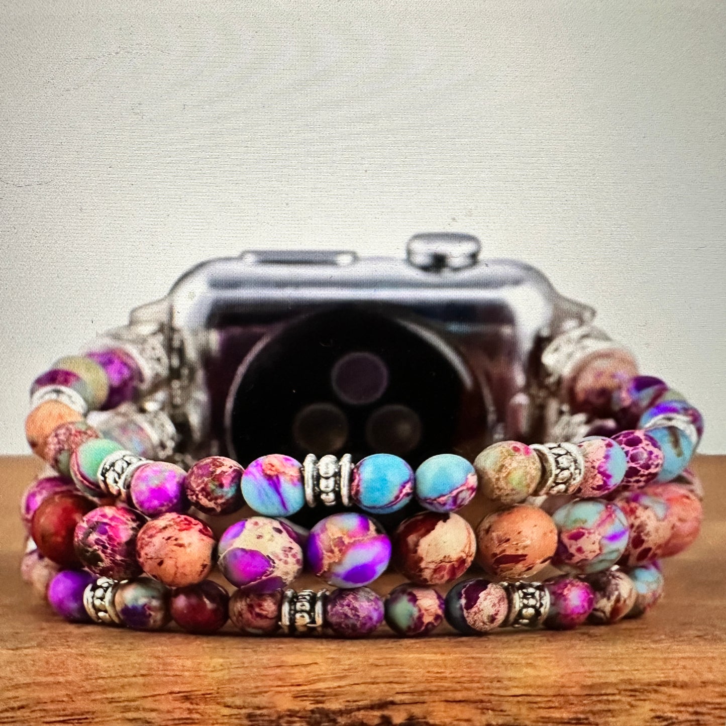 Bohemian Southwestern Colorful Beaded Apple Watch Band featuring vibrant beads, elastic fit for 38-41mm, fast shipping, and gift box packaging.
