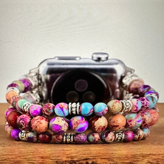 Bohemian Southwestern Colorful Beaded Apple Watch Band featuring vibrant beads, elastic fit for 38-41mm, fast shipping, and gift box packaging.