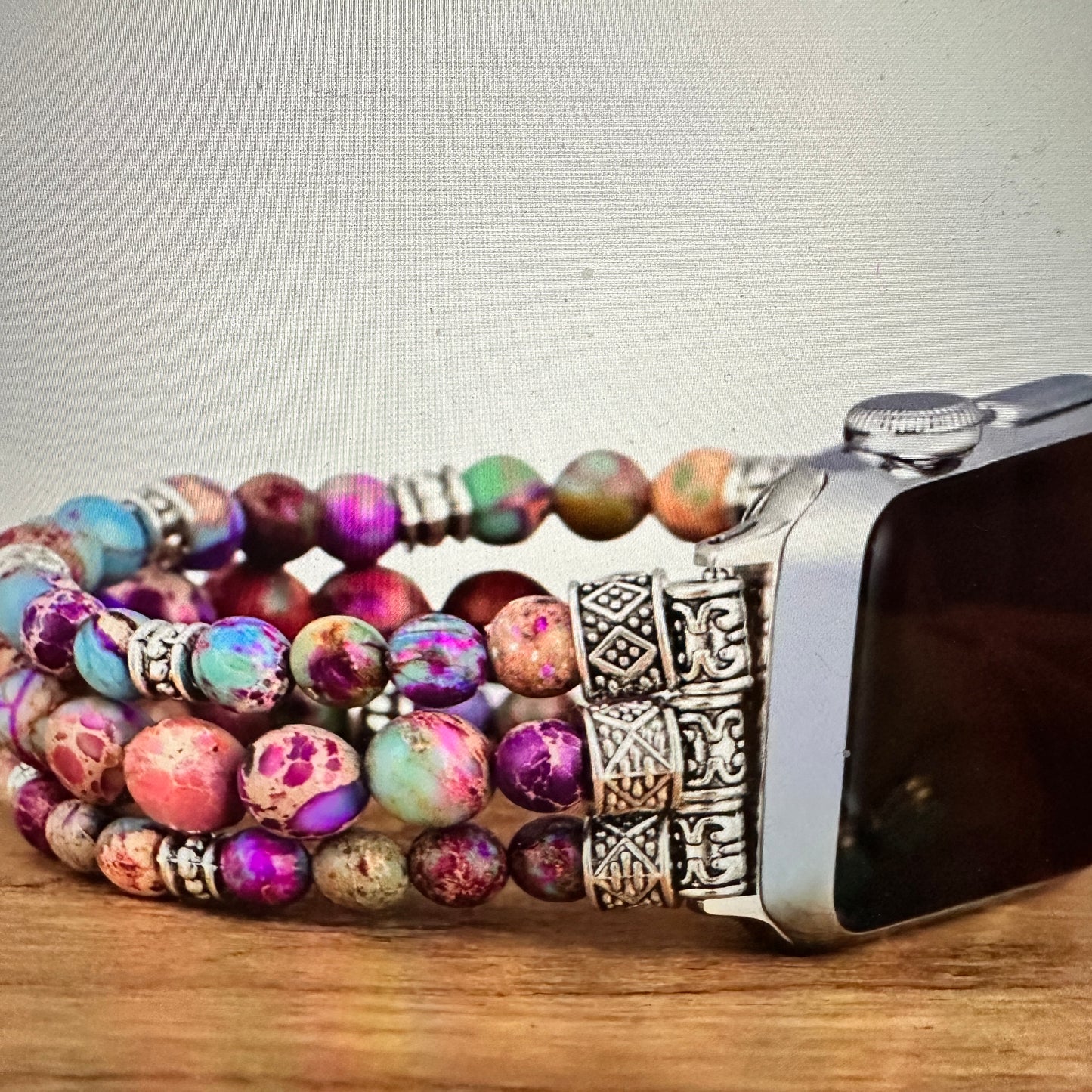 Bohemian Southwestern Colorful Beaded Apple Watch Band, Elastic Fit for 38-41mm, Fast Shipping with Gift Box - Silver ElegantBohemian Southwestern Colorful Beaded Apple Watch Band featuring vibrant beads, elastic fit for 38-41mm, fast shipping, and gift box packaging.- Silver Elegant