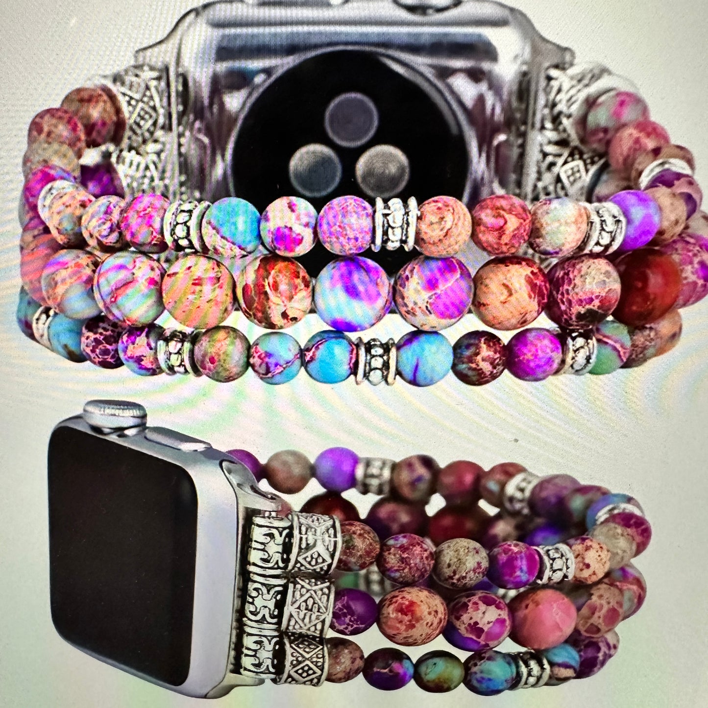 Bohemian Southwestern Colorful Beaded Apple Watch Band featuring vibrant beads, elastic fit for 38-41mm, fast shipping, and gift box packaging.- Silver Elegant