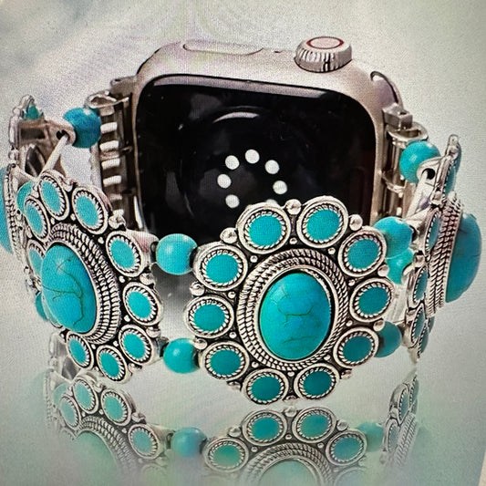 Bohemian Southwestern Hippie iWatch Band with Turquoise featuring handcrafted beadwork, elastic stretch design, and vibrant turquoise stones in a gift box. - Silver Elegant