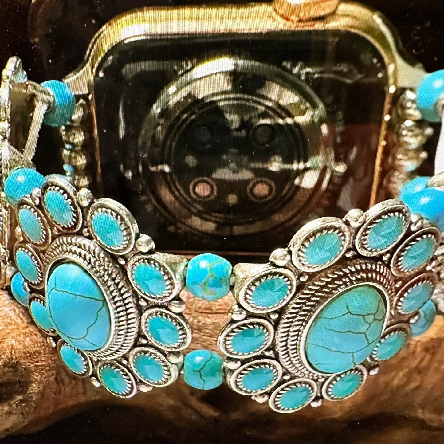 Bohemian Southwestern Hippie iWatch Band with Turquoise featuring handcrafted beadwork, elastic stretch design, and vibrant turquoise stones in a gift box.- Silver Elegant