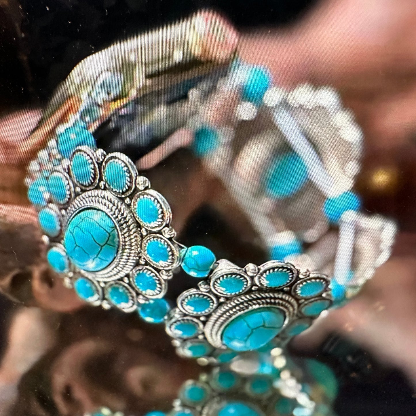 Bohemian Southwestern Hippie iWatch Band with Turquoise featuring handcrafted beadwork, elastic stretch design, and vibrant turquoise stones in a gift box.- Silver Elegant