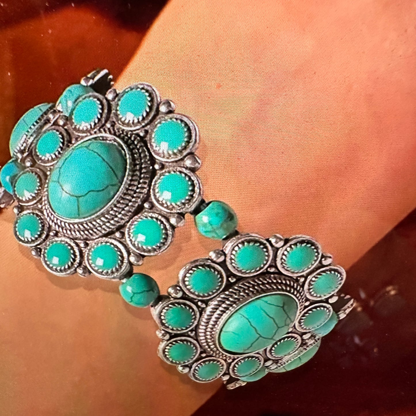 Bohemian Southwestern Hippie iWatch Band with Turquoise featuring handcrafted beadwork, elastic stretch design, and vibrant turquoise stones in a gift box. - Silver Elegant