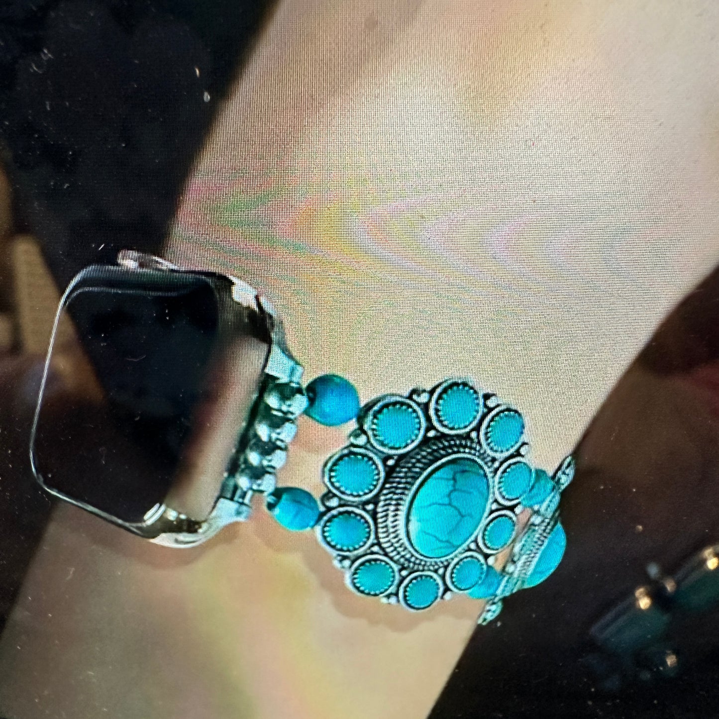 Bohemian Southwestern Hippie iWatch Band with Turquoise featuring handcrafted beadwork, elastic stretch design, and vibrant turquoise stones in a gift box.- Silver Elegant
