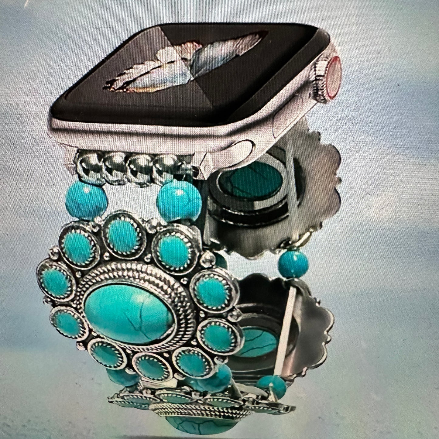 Bohemian Southwestern Hippie iWatch Band with Turquoise featuring handcrafted beadwork, elastic stretch design, and vibrant turquoise stones in a gift box.- Silver Elegant