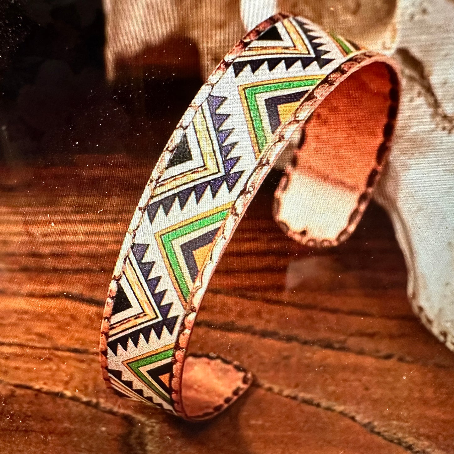 Handmade Boho Native American Aztek Copper Narrow Cuff Bracelet, Green, Gift Box - Silver Elegant