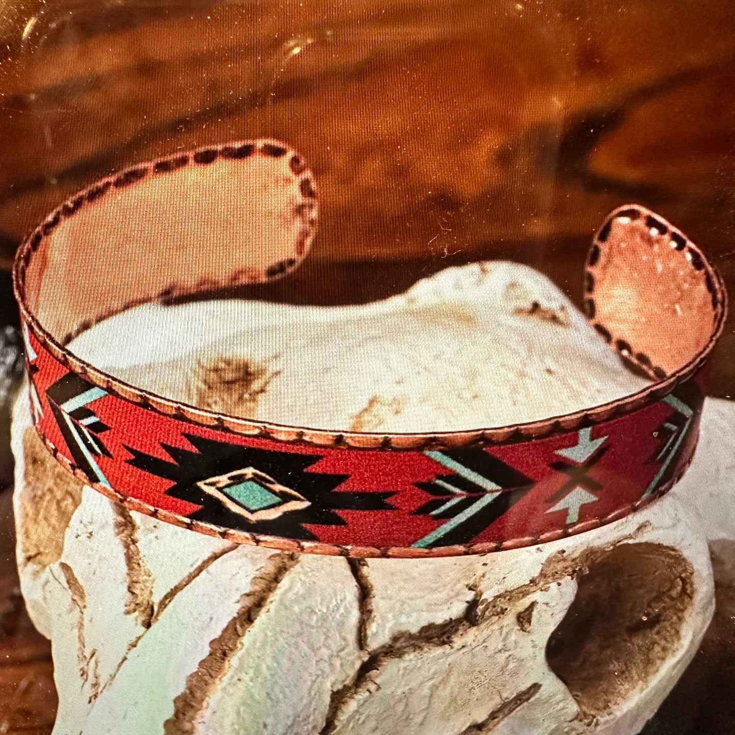 Handmade Boho Native American Aztek Copper Narrow Cuff Bracelet, Red, Gift Box - Silver Elegant
