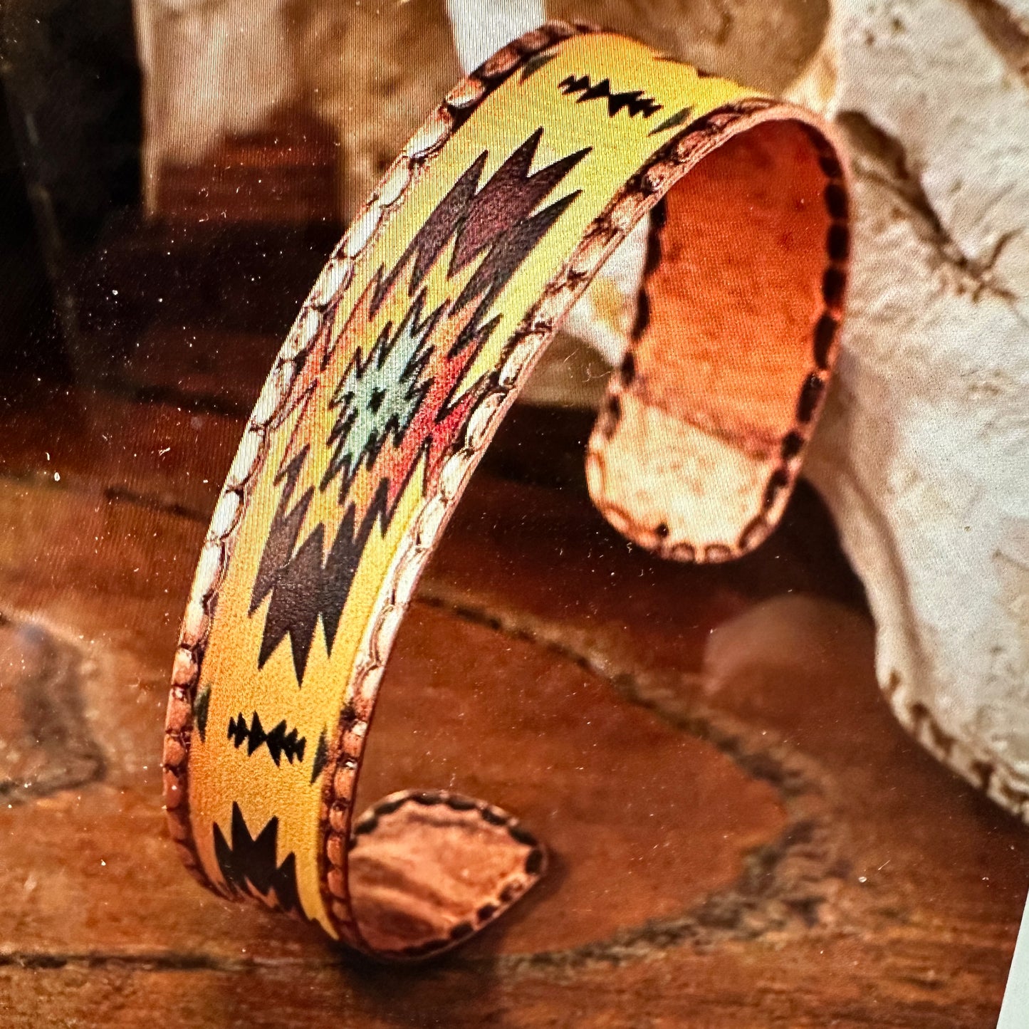 Handmade Boho Native American Aztek Copper Narrow Cuff Bracelet, Beige, Gift Box - Silver Elegant