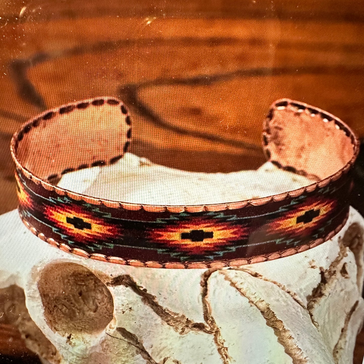 Handmade Boho Native American Aztek Copper Narrow Cuff Bracelet, Blue Red, Gift Box - Silver Elegant