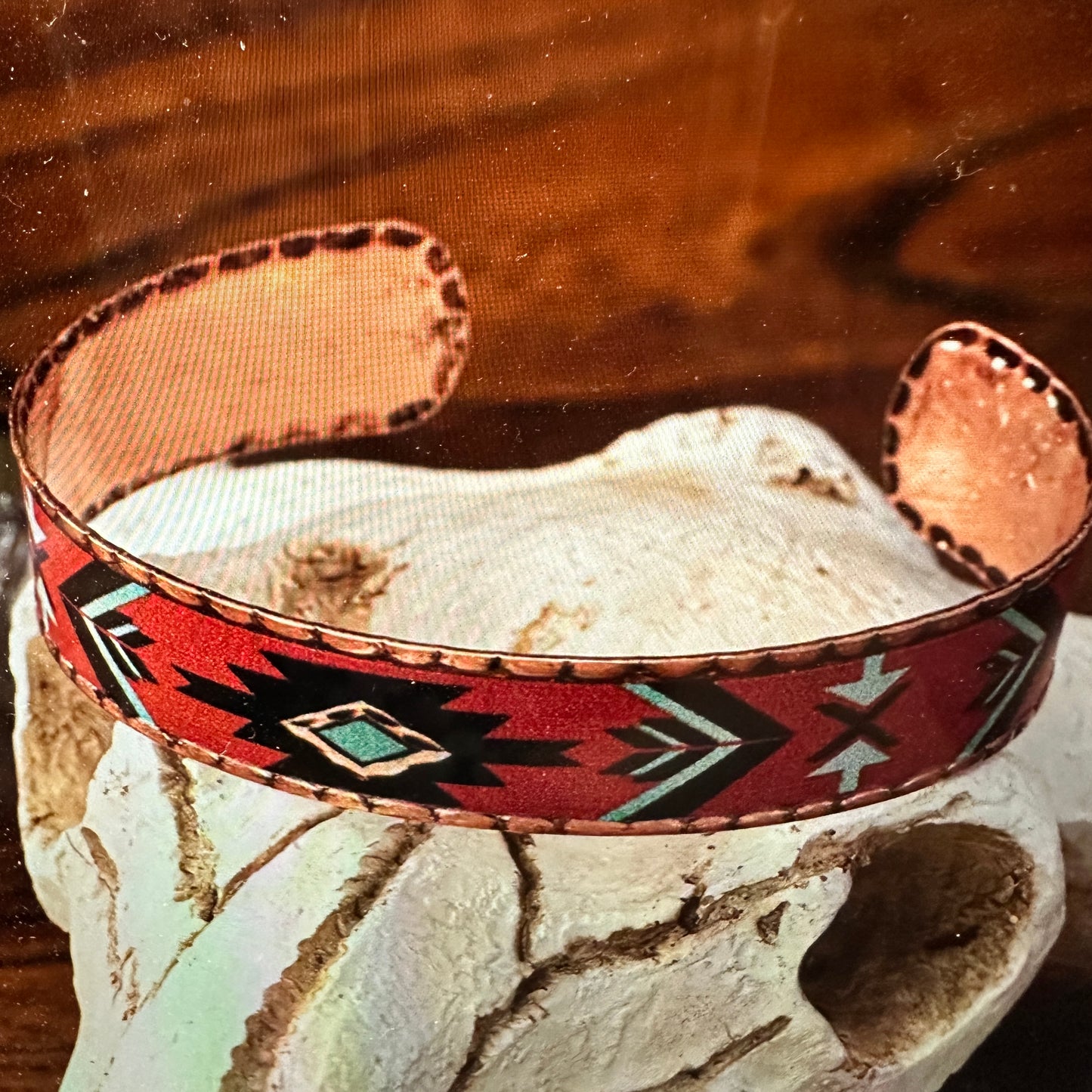 Handmade Boho Native American Aztek Copper Narrow Cuff Bracelet, Red, Gift Box - Silver Elegant