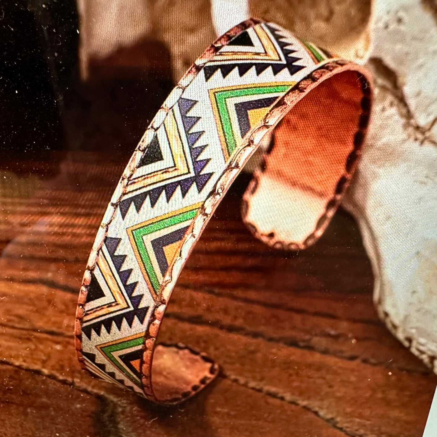 Handmade Boho Native American Aztek Copper Narrow Cuff Bracelet, Green, Gift Box - Silver Elegant