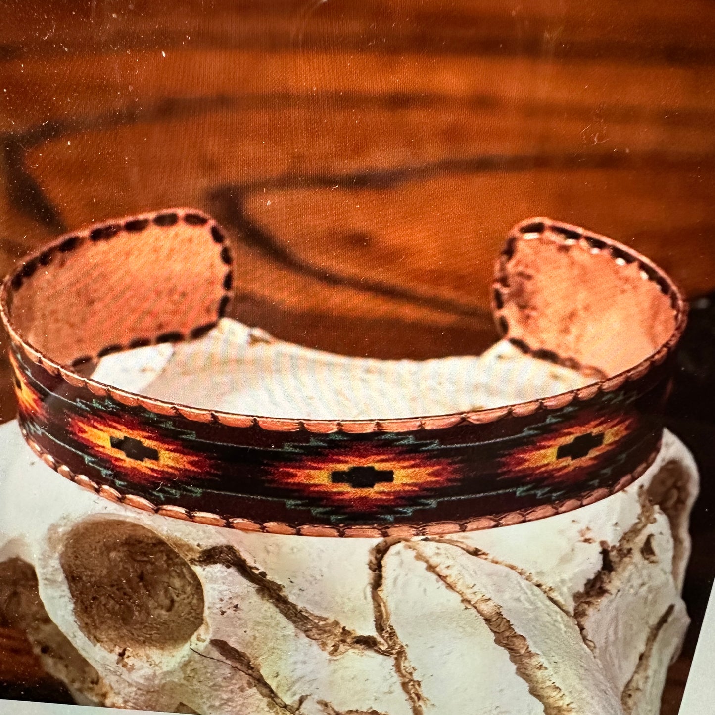 Handmade Boho Native American Aztek Copper Narrow Cuff Bracelet, Blue Red, Gift Box - Silver Elegant
