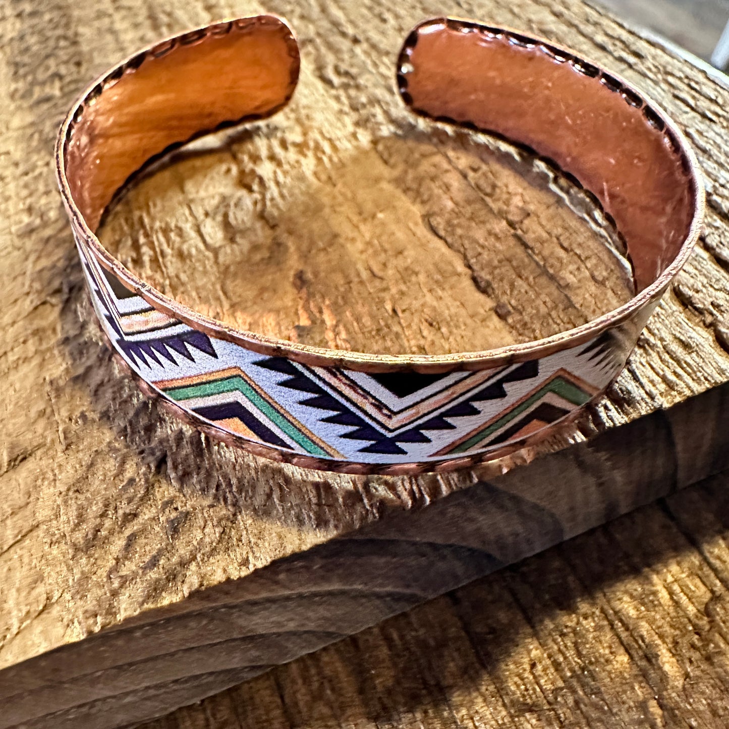 Handmade Boho Native American Aztek Copper Narrow Cuff Bracelet, Green, Gift Box - Silver Elegant