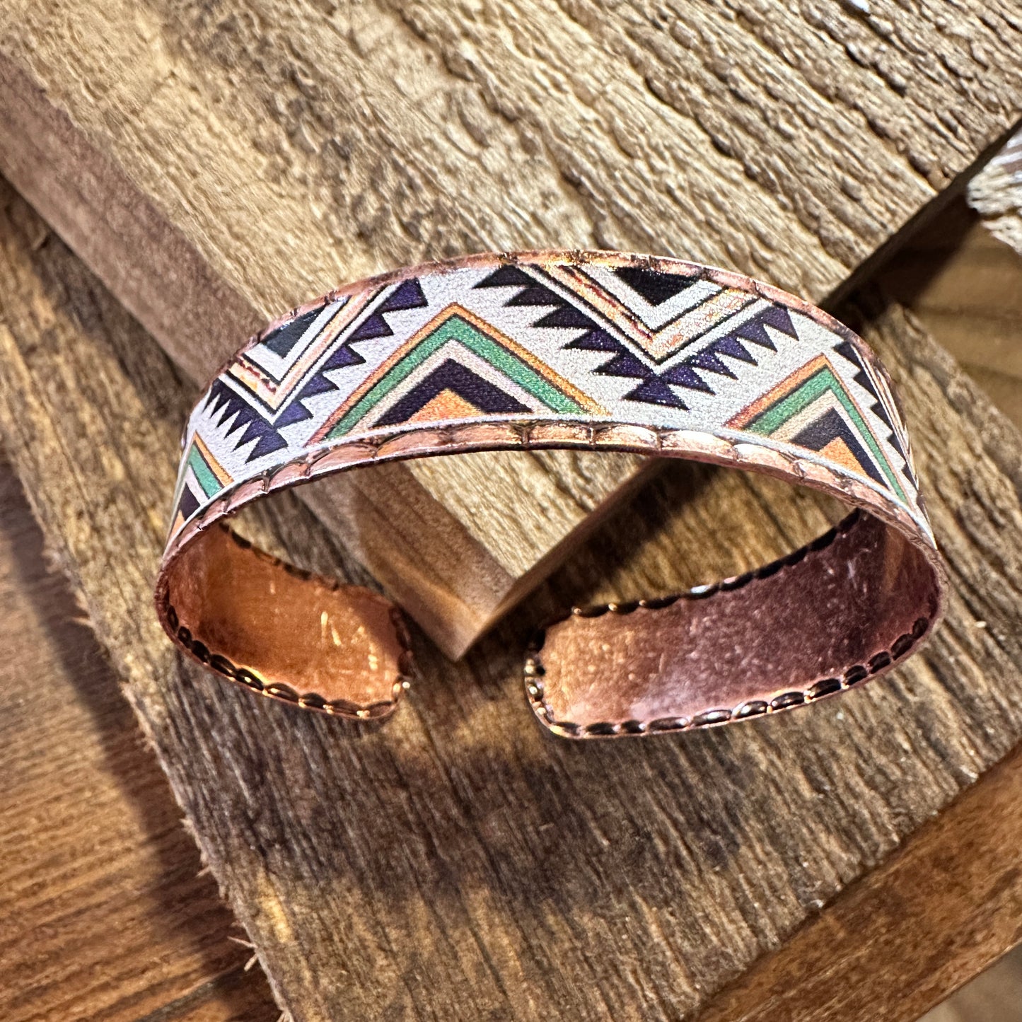 Handmade Boho Native American Aztek Copper Narrow Cuff Bracelet, Green, Gift Box - Silver Elegant
