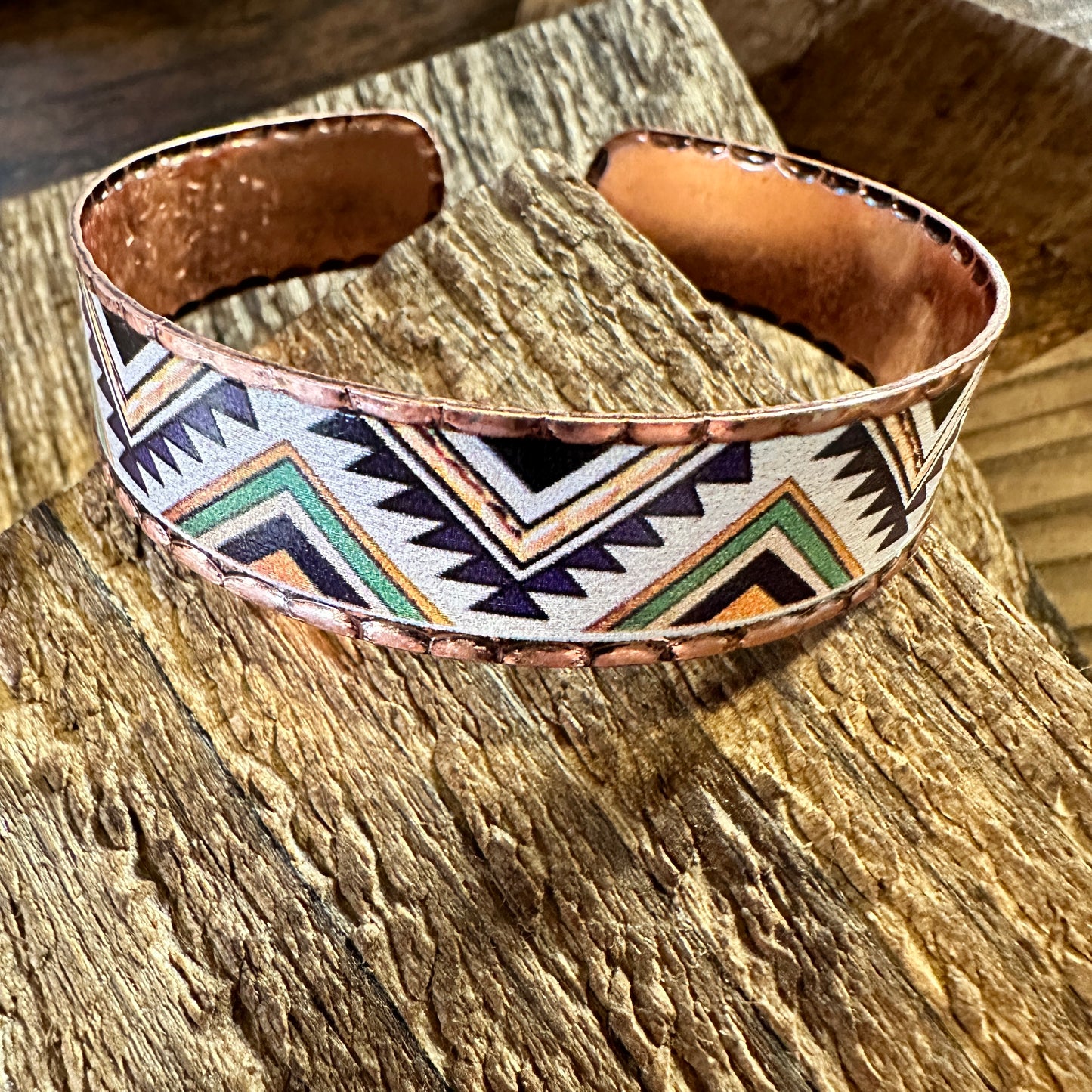 Handmade Boho Native American Aztek Copper Narrow Cuff Bracelet, Green, Gift Box - Silver Elegant