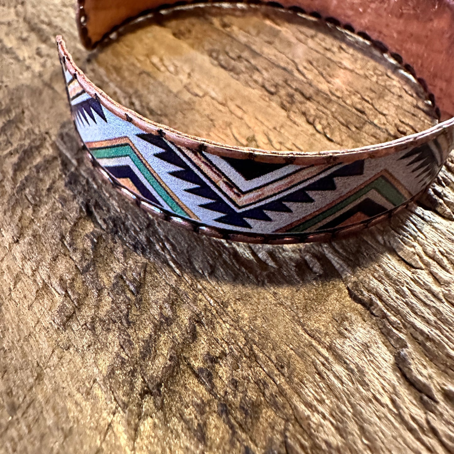 Handmade Boho Native American Aztek Copper Narrow Cuff Bracelet, Green, Gift Box - Silver Elegant
