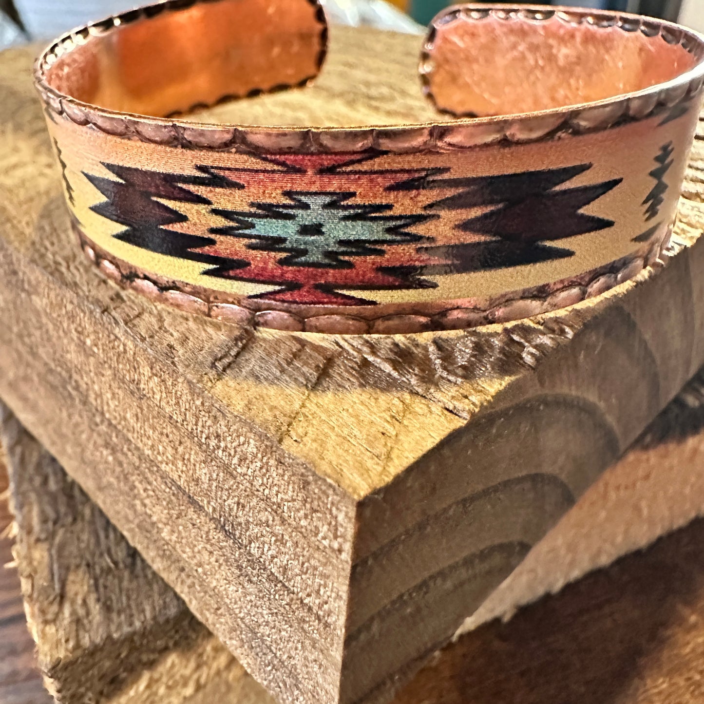 Handmade Boho Native American Aztek Copper Narrow Cuff Bracelet, Beige, Gift Box - Silver Elegant