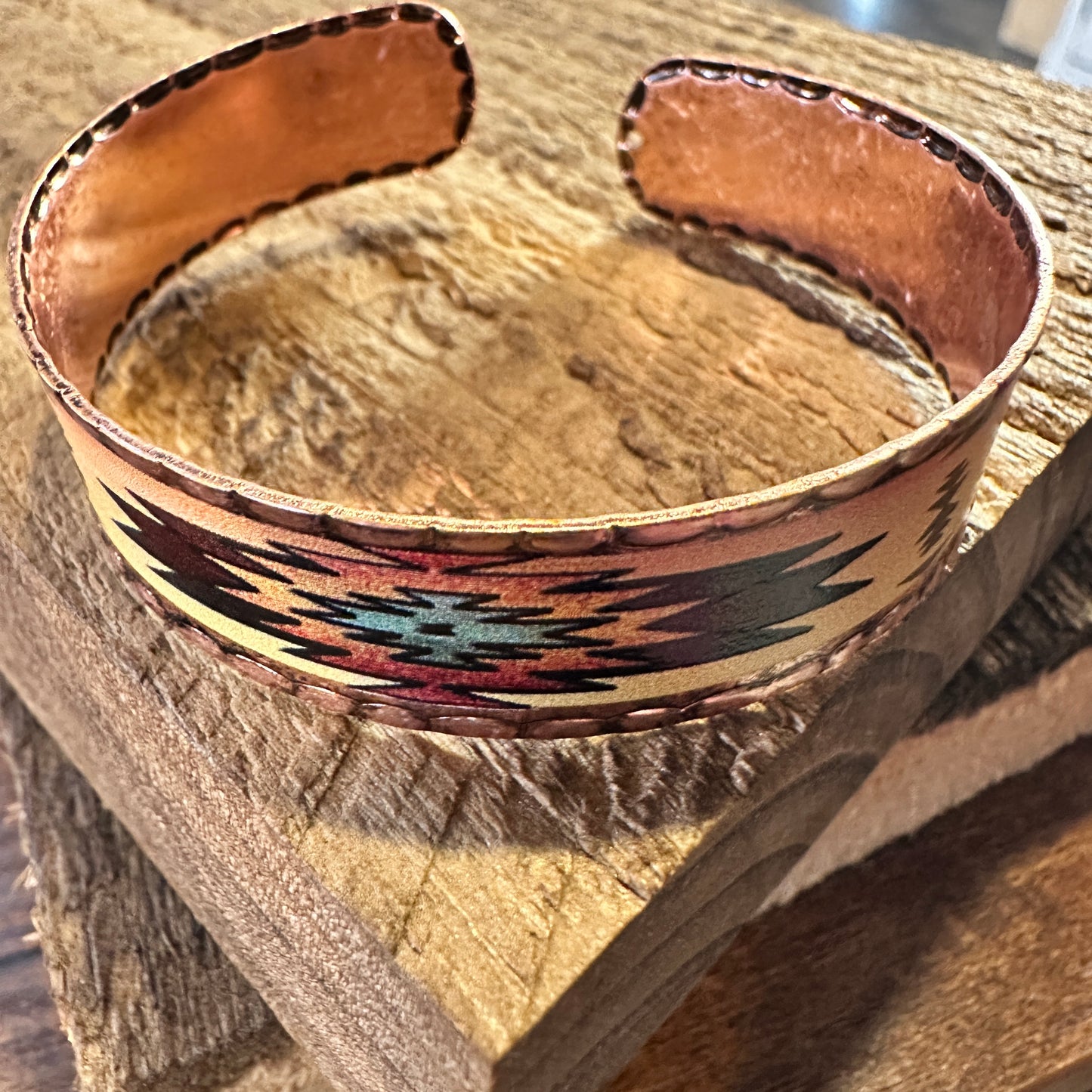 Handmade Boho Native American Aztek Copper Narrow Cuff Bracelet, Beige, Gift Box - Silver Elegant