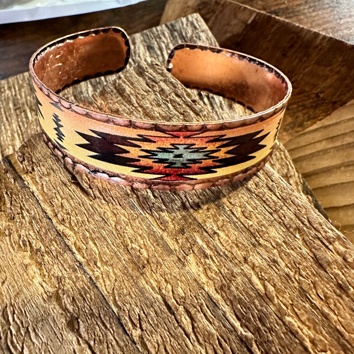 Handmade Boho Native American Aztek Copper Narrow Cuff Bracelet, Beige, Gift Box - Silver Elegant
