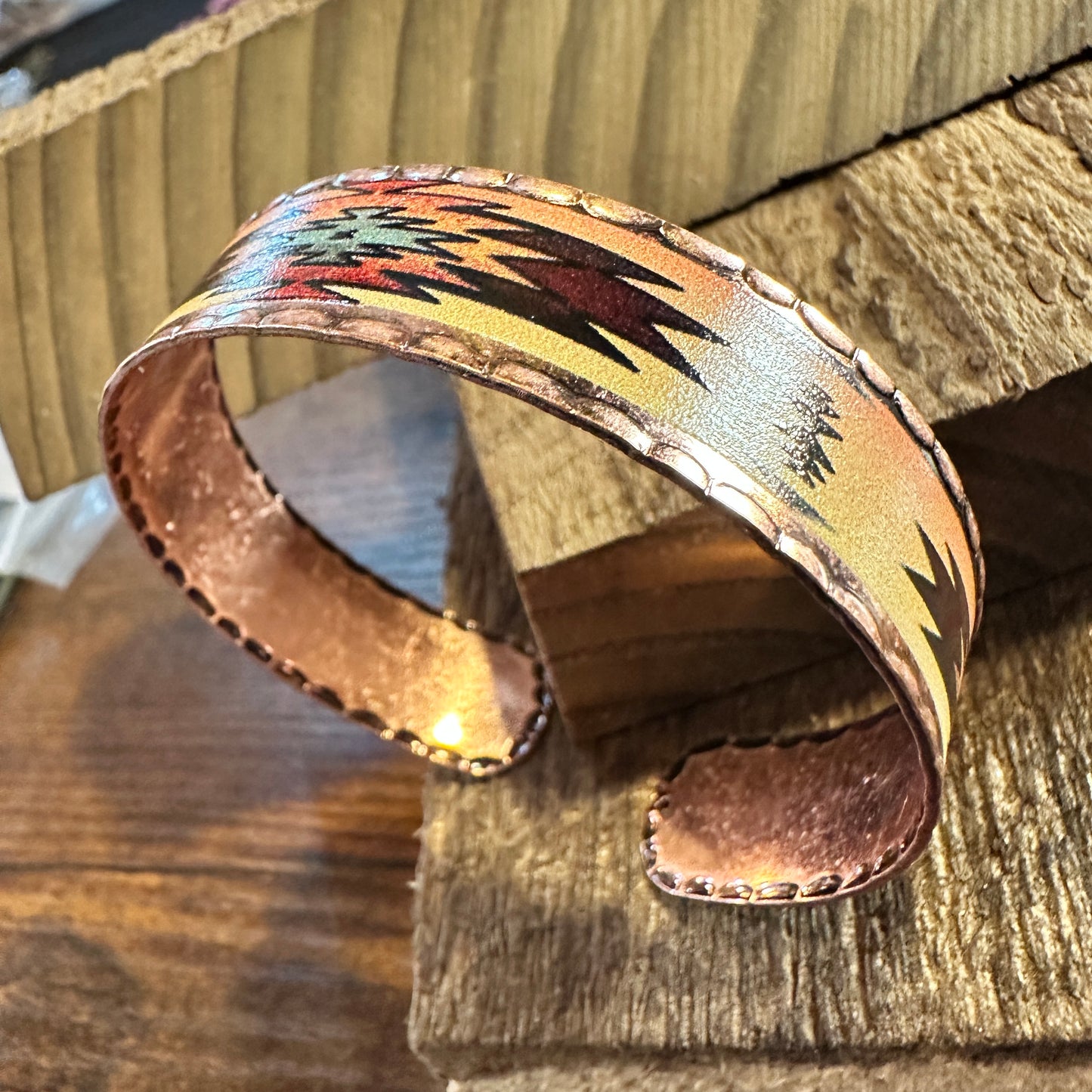 Handmade Boho Native American Aztek Copper Narrow Cuff Bracelet, Beige, Gift Box - Silver Elegant