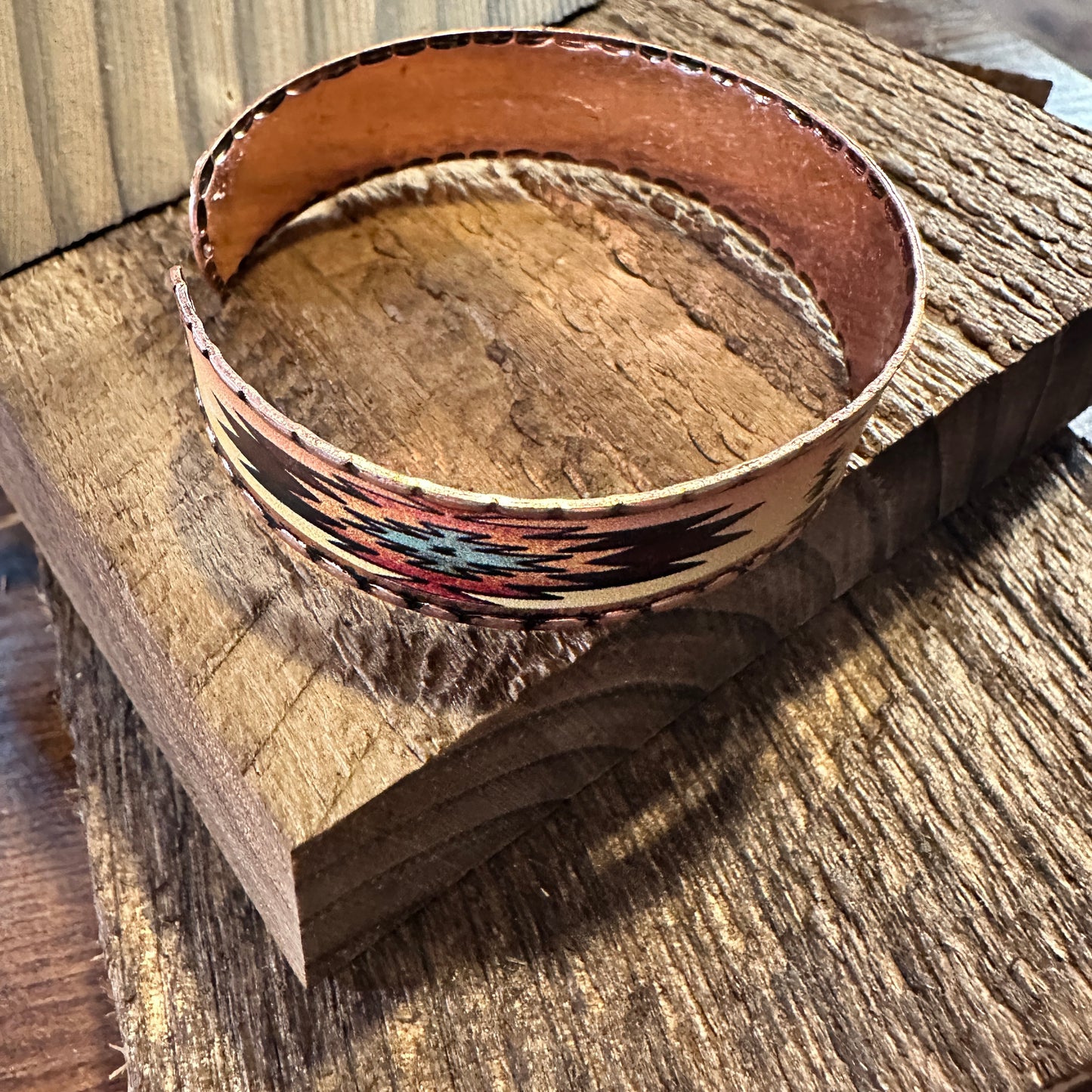 Handmade Boho Native American Aztek Copper Narrow Cuff Bracelet, Beige, Gift Box - Silver Elegant