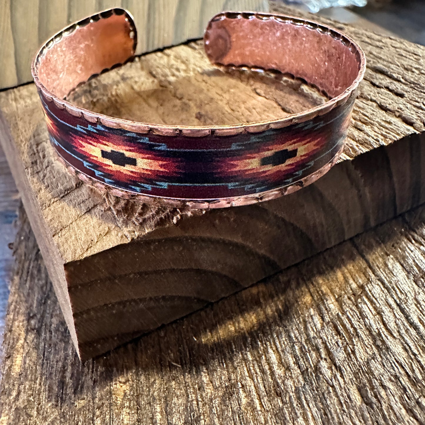 Handmade Boho Native American Aztek Copper Narrow Cuff Bracelet, Blue Red, Gift Box - Silver Elegant