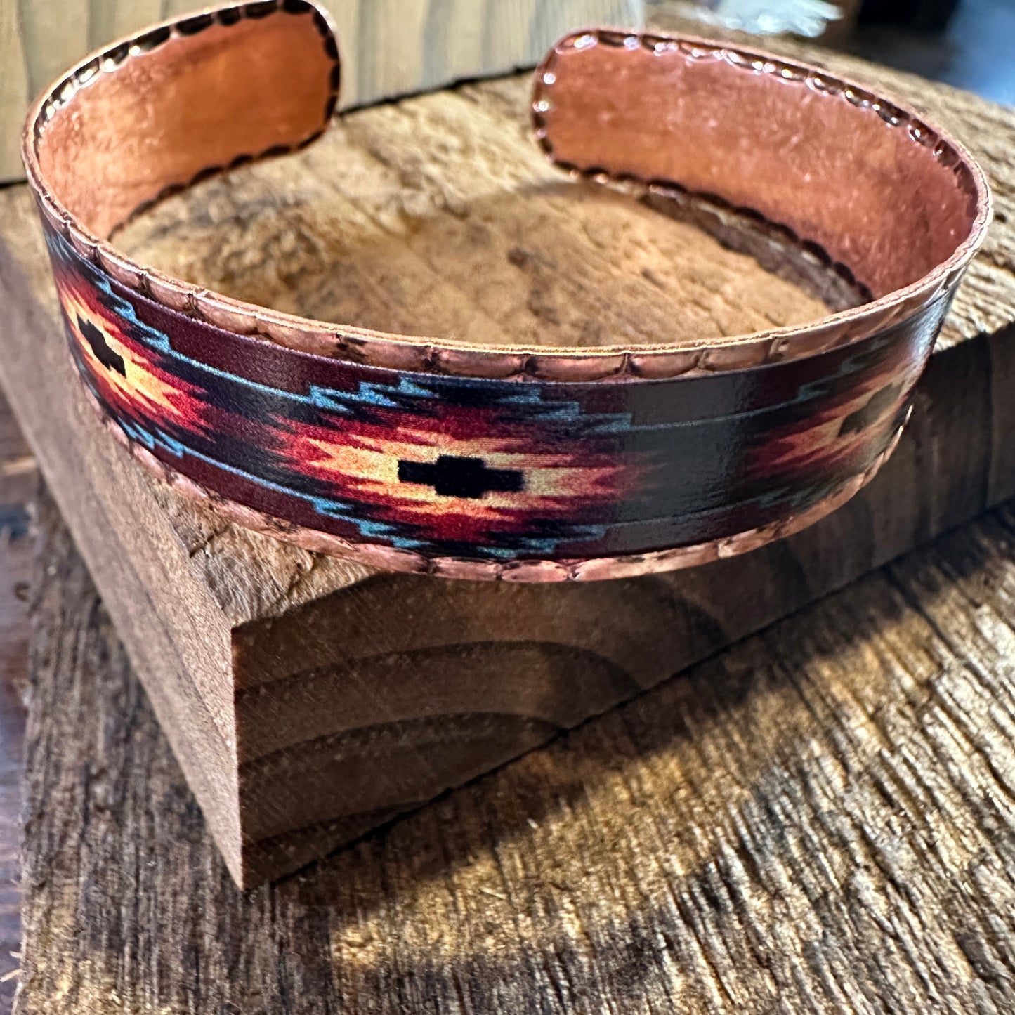 Handmade Boho Native American Aztek Copper Narrow Cuff Bracelet, Blue Red, Gift Box - Silver Elegant