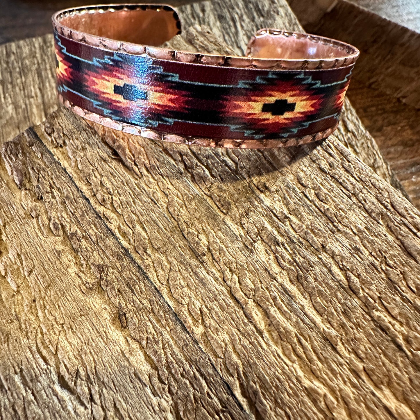 Handmade Boho Native American Aztek Copper Narrow Cuff Bracelet, Blue Red, Gift Box - Silver Elegant