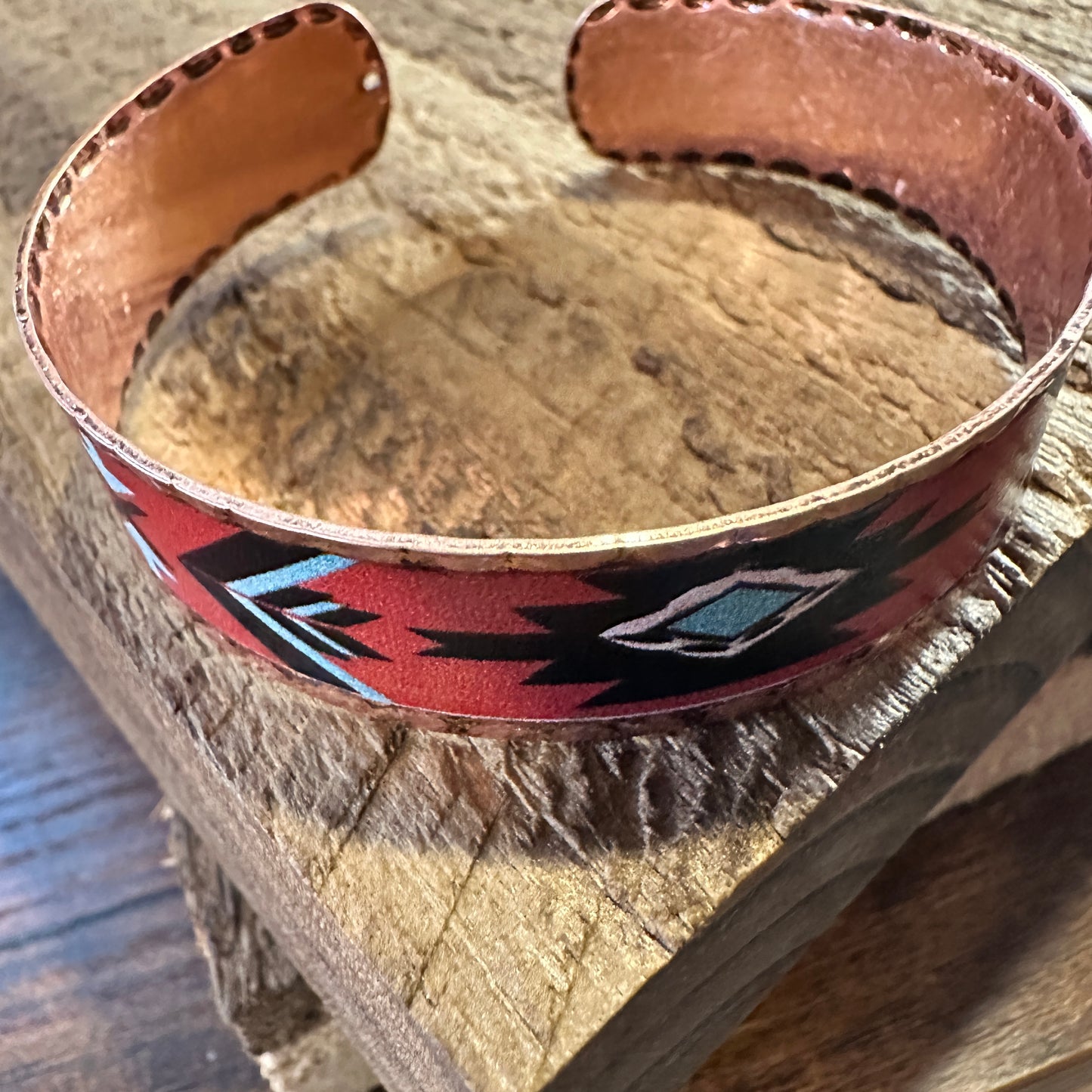 Handmade Boho Native American Aztek Copper Narrow Cuff Bracelet, Red, Gift Box - Silver Elegant