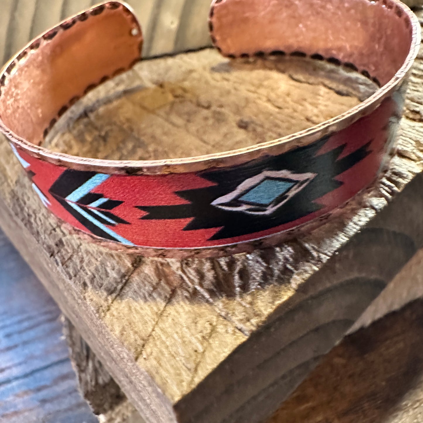 Handmade Boho Native American Aztek Copper Narrow Cuff Bracelet, Red, Gift Box - Silver Elegant