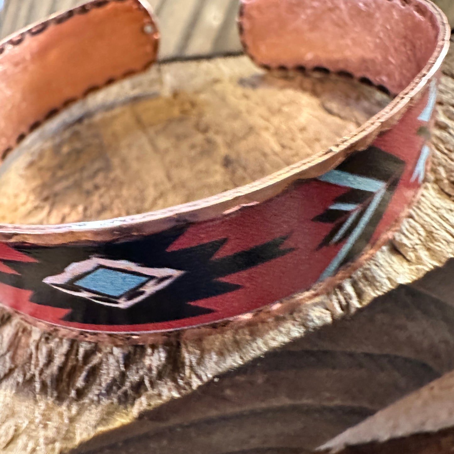 Handmade Boho Native American Aztek Copper Narrow Cuff Bracelet, Red, Gift Box - Silver Elegant