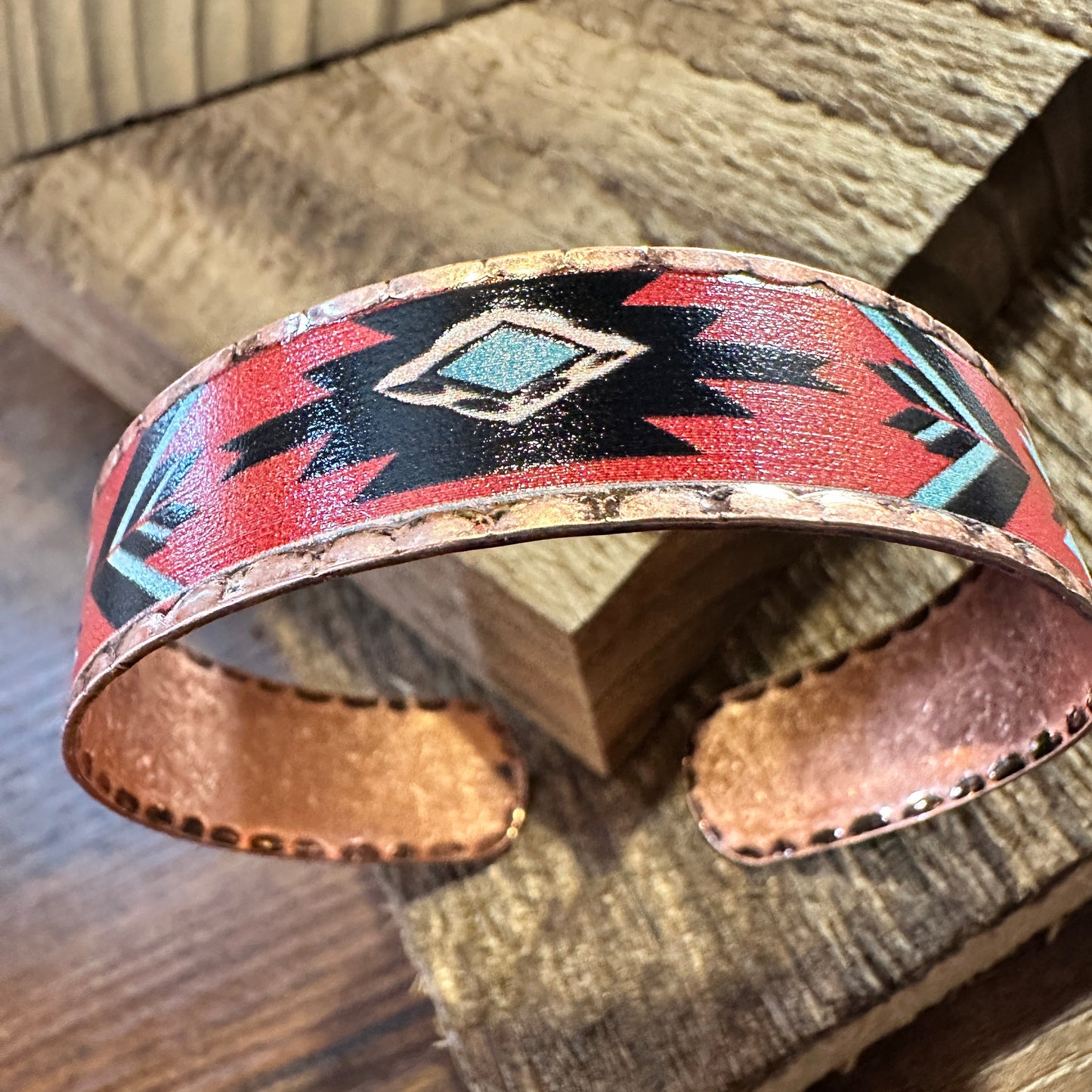 Handmade Boho Native American Aztek Copper Narrow Cuff Bracelet, Red, Gift Box - Silver Elegant