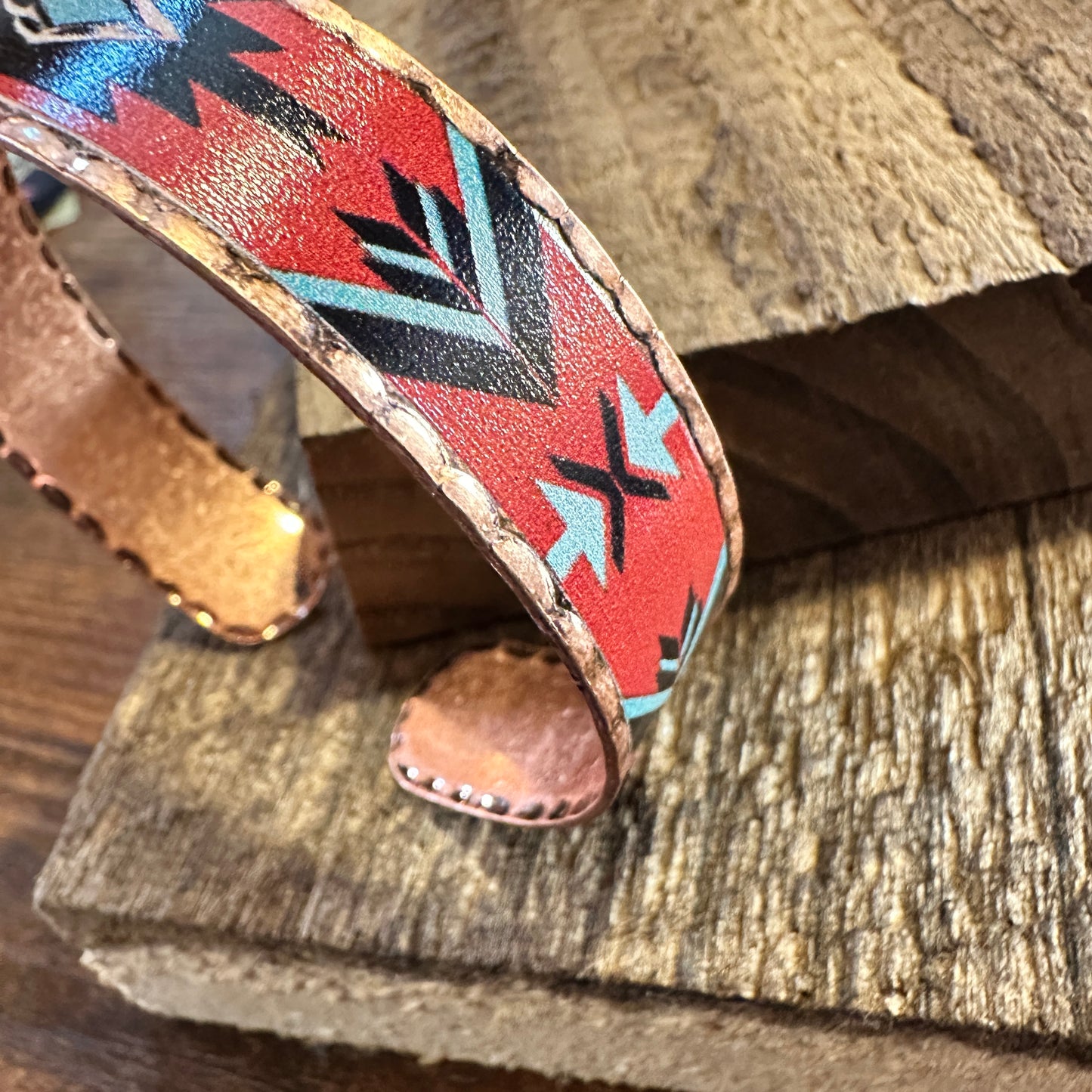 Handmade Boho Native American Aztek Copper Narrow Cuff Bracelet, Red, Gift Box - Silver Elegant