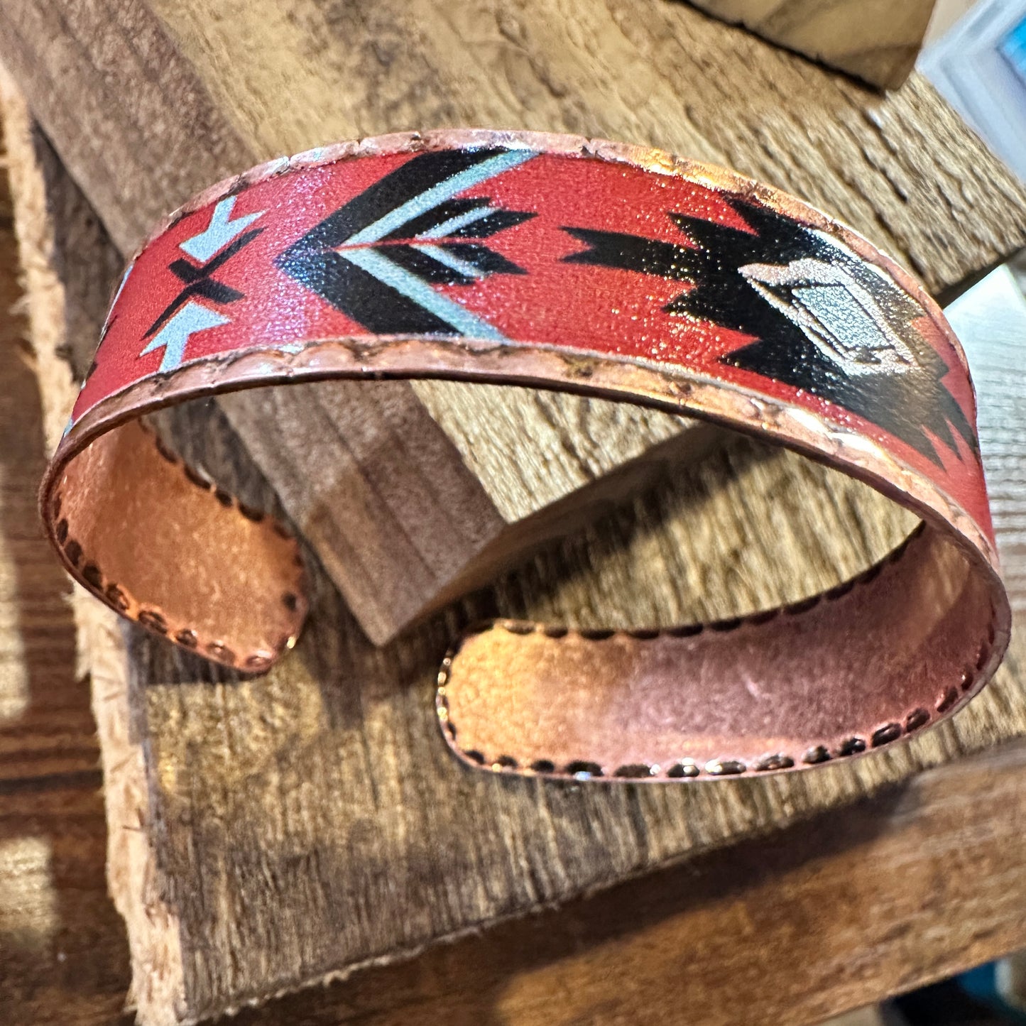 Handmade Boho Native American Aztek Copper Narrow Cuff Bracelet, Red, Gift Box - Silver Elegant