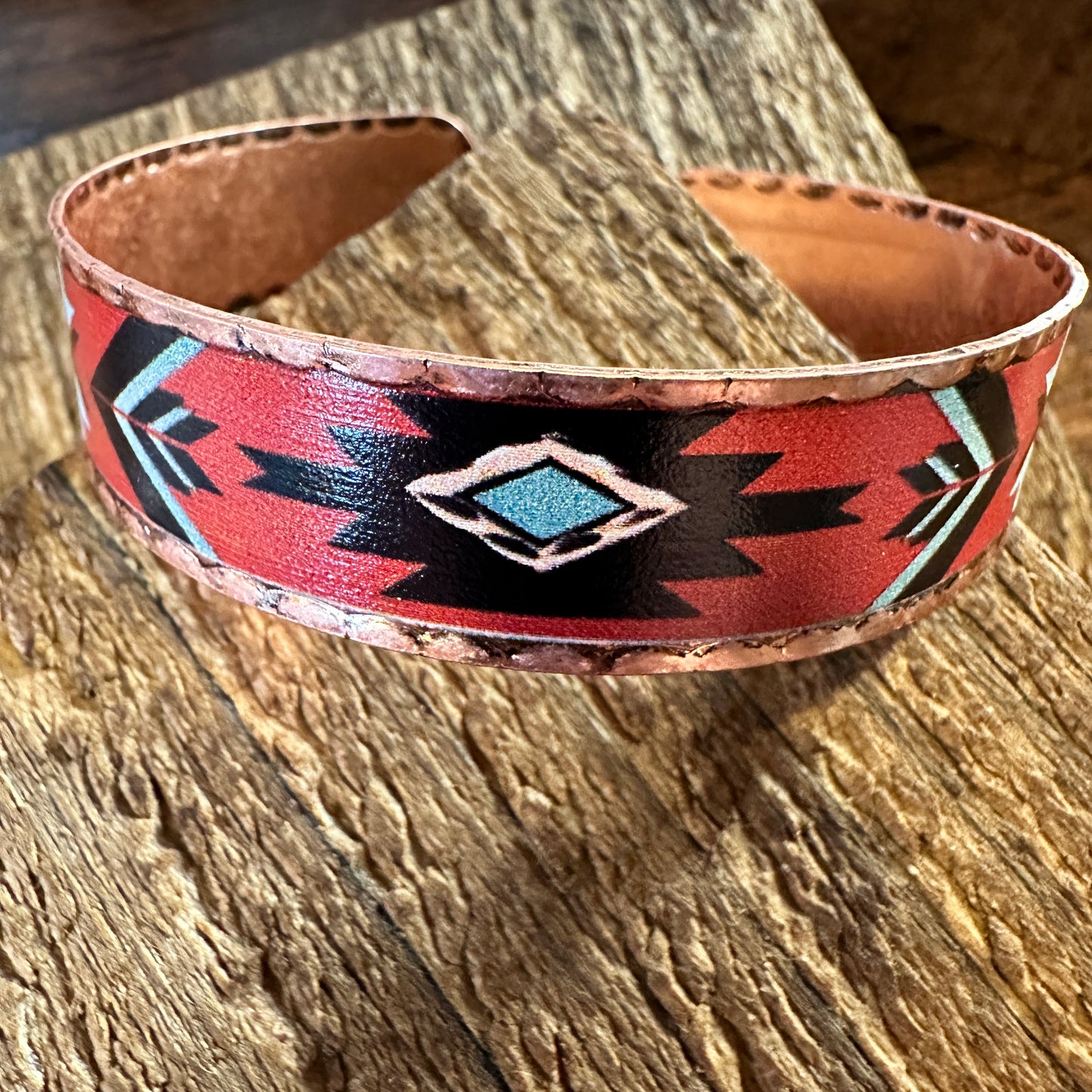 Handmade Boho Native American Aztek Copper Narrow Cuff Bracelet, Red, Gift Box - Silver Elegant