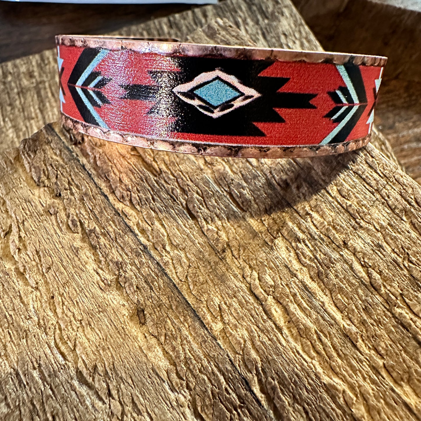 Handmade Boho Native American Aztek Copper Narrow Cuff Bracelet, Red, Gift Box - Silver Elegant