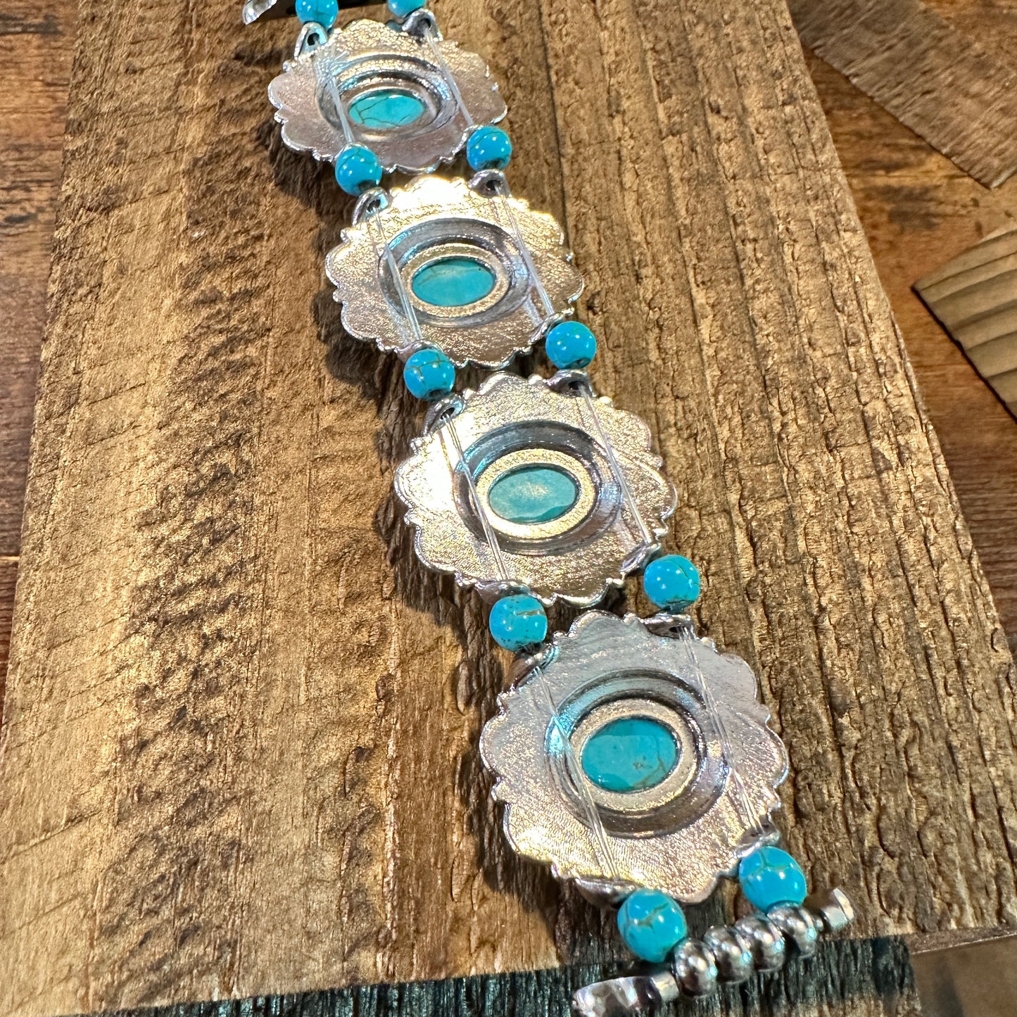 Bohemian Southwestern Hippie iWatch Band with Turquoise featuring handcrafted beadwork, elastic stretch design, and vibrant turquoise stones in a gift box.- Silver Elegant