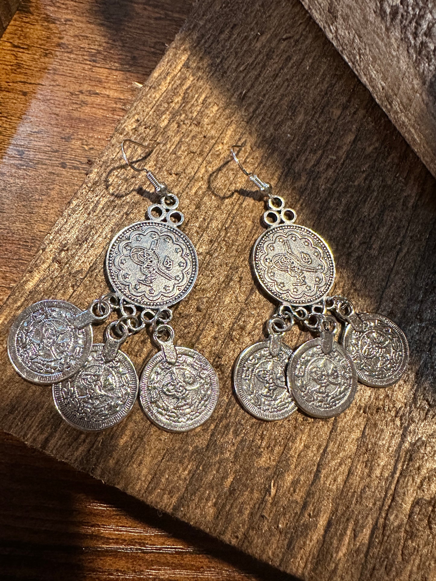 Boho Hippie Vintage Coin Style Dangle Wire Earrings , Gift-Ready Box - Silver Elegant