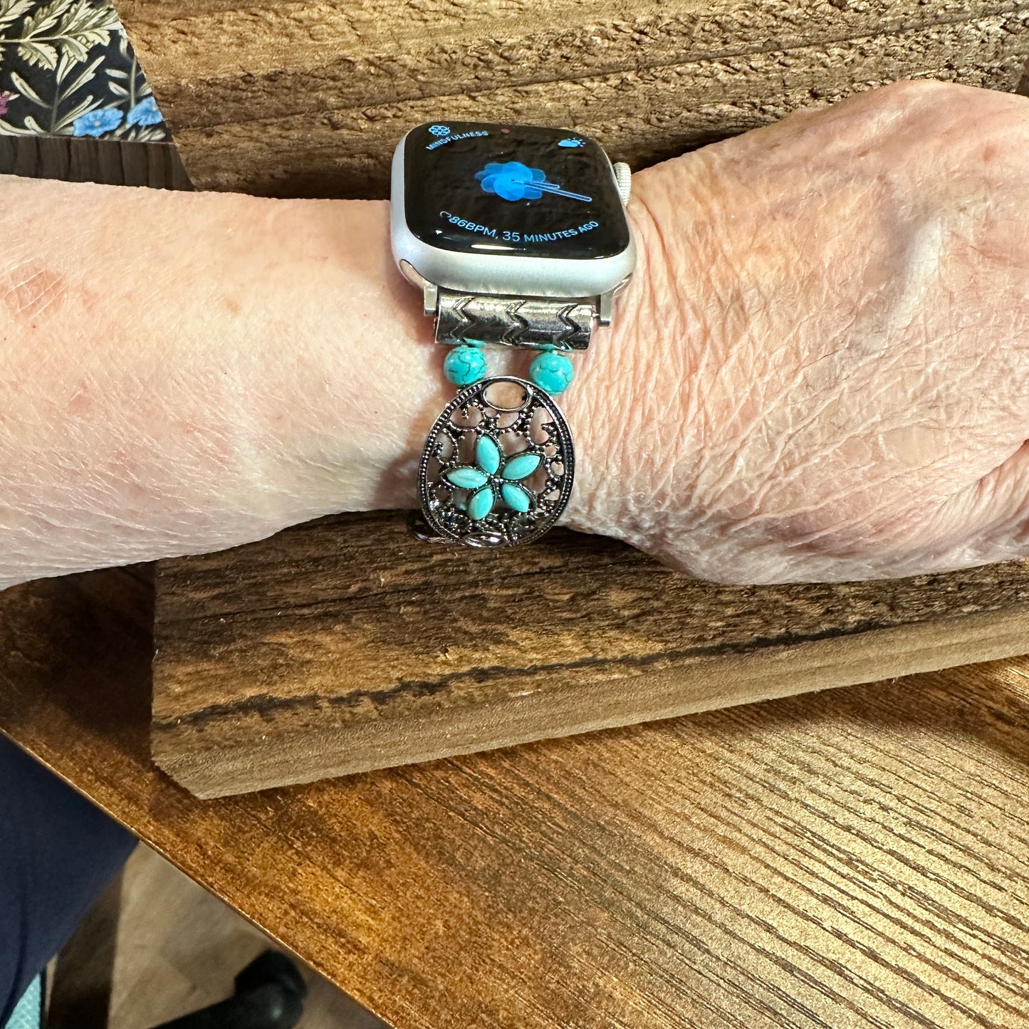 Handmade Bohemian Ethnic Antique Style iWatch Band featuring turquoise stones, elastic stretch design, and vintage-inspired patterns in a gift box - Silver Elegant