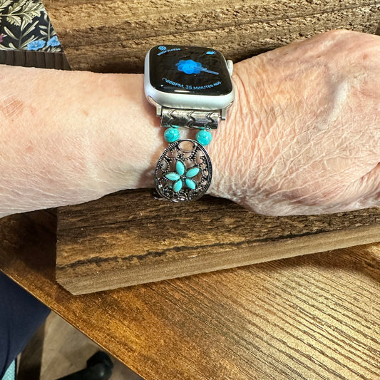 Handmade Bohemian Ethnic Antique Style iWatch Band featuring turquoise stones, elastic stretch design, and vintage-inspired patterns in a gift box - Silver Elegant