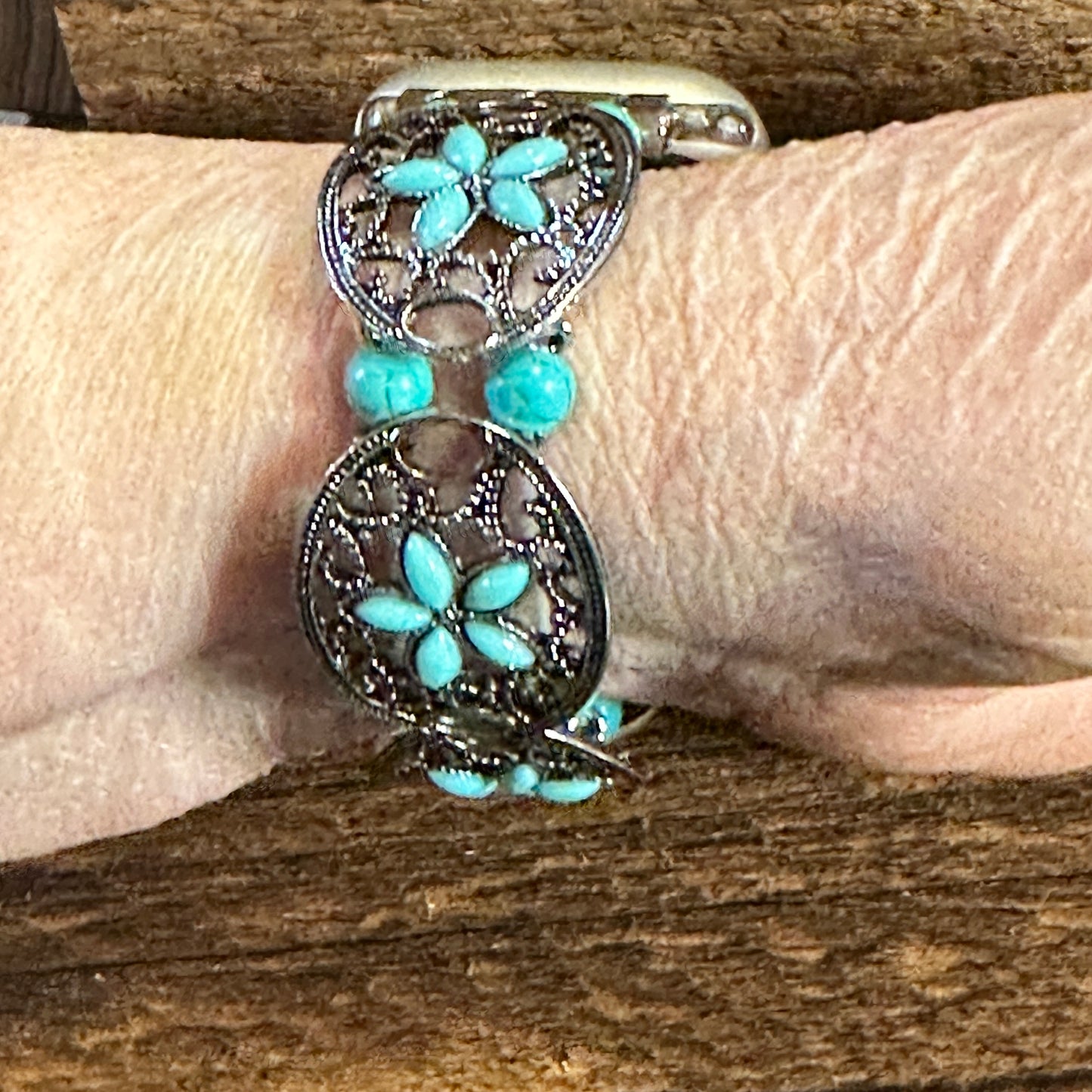 Handmade Bohemian Ethnic Antique Style iWatch Band featuring turquoise stones, elastic stretch design, and vintage-inspired patterns in a gift box - Silver Elegant