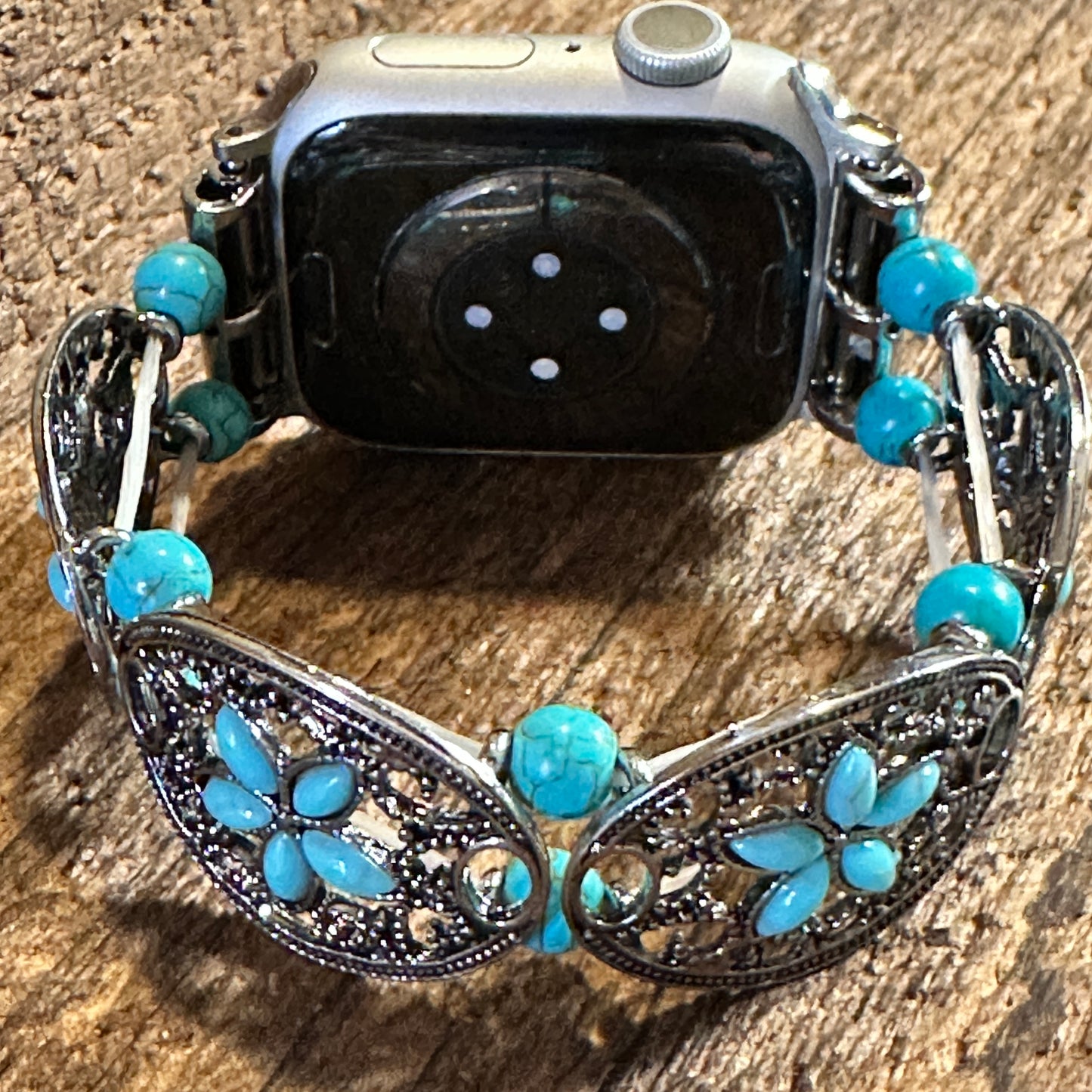 Handmade Bohemian Ethnic Antique Style iWatch Band featuring turquoise stones, elastic stretch design, and vintage-inspired patterns in a gift box.