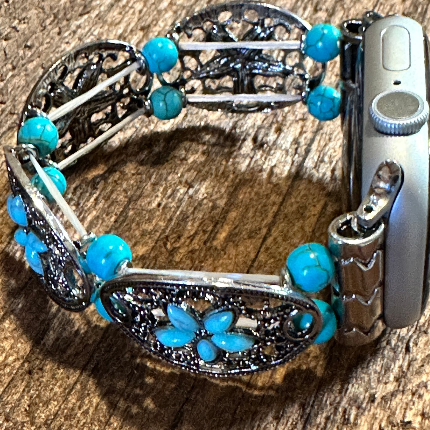 Handmade Bohemian Ethnic Antique Style iWatch Band featuring turquoise stones, elastic stretch design, and vintage-inspired patterns in a gift box.