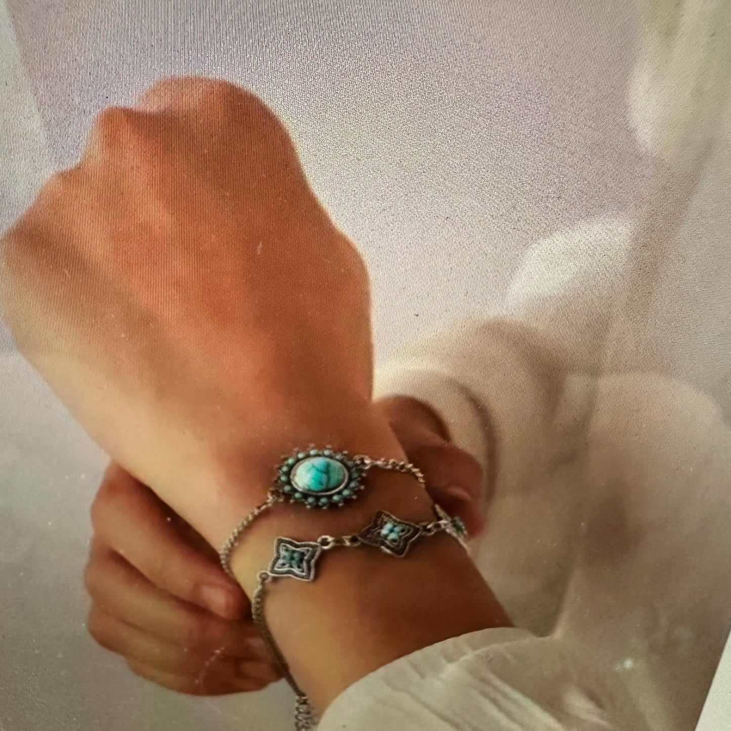 Bohemian Vintage Turquoise and Stainless Steel Floral Bracelet Set - Silver Elegant