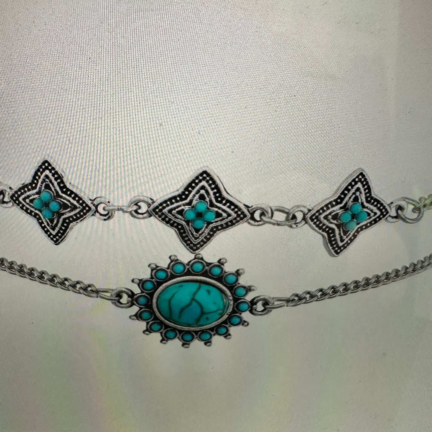Bohemian Vintage Turquoise and Stainless Steel Floral Bracelet Set - Silver Elegant