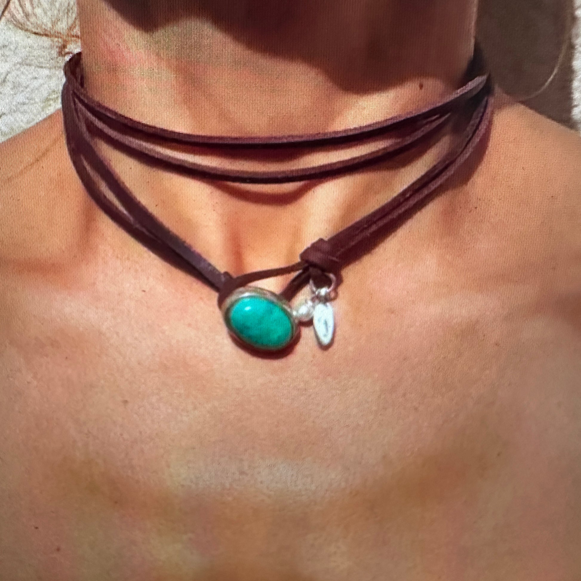 Turquoise Stone Bohemian Cowgirl Choker Necklace with Double Leather Cord, Gift Box Included - Silver Elegant