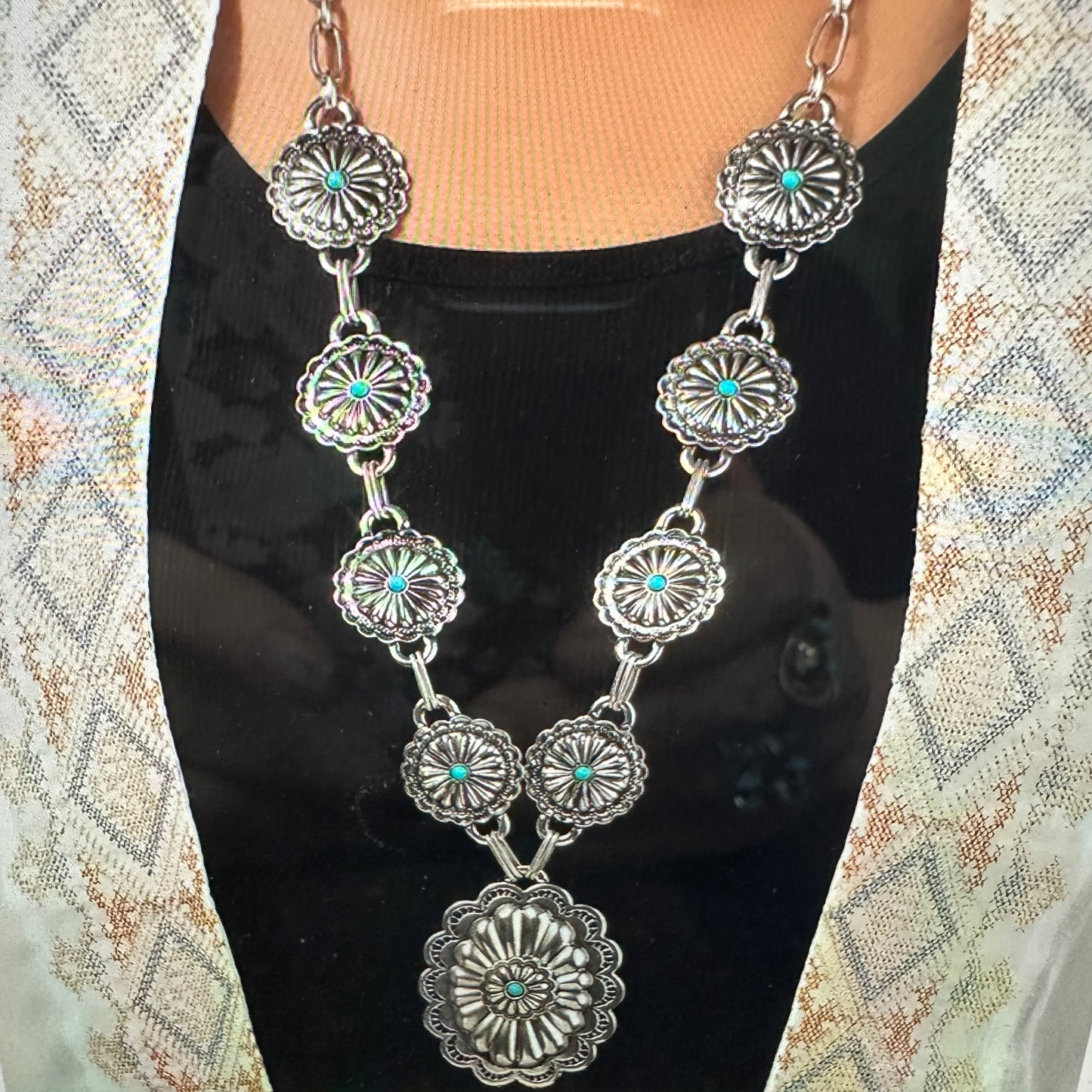 Southwestern Boho Cowgirl Concho Necklace with Turquoise Gem, Includes Gift Box - Silver Elegant