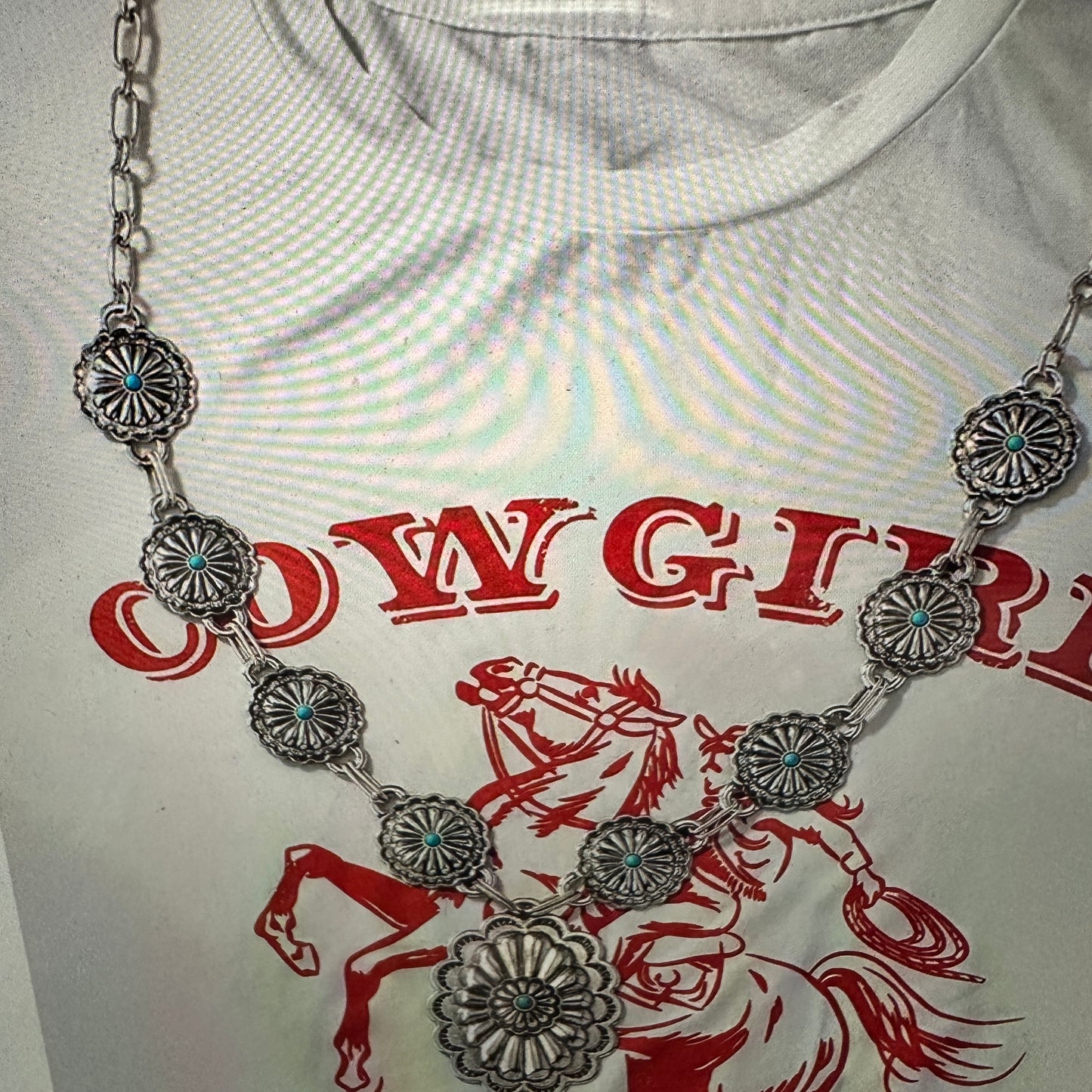 Southwestern Boho Cowgirl Concho Necklace with Turquoise Gem, Includes Gift Box - Silver Elegant