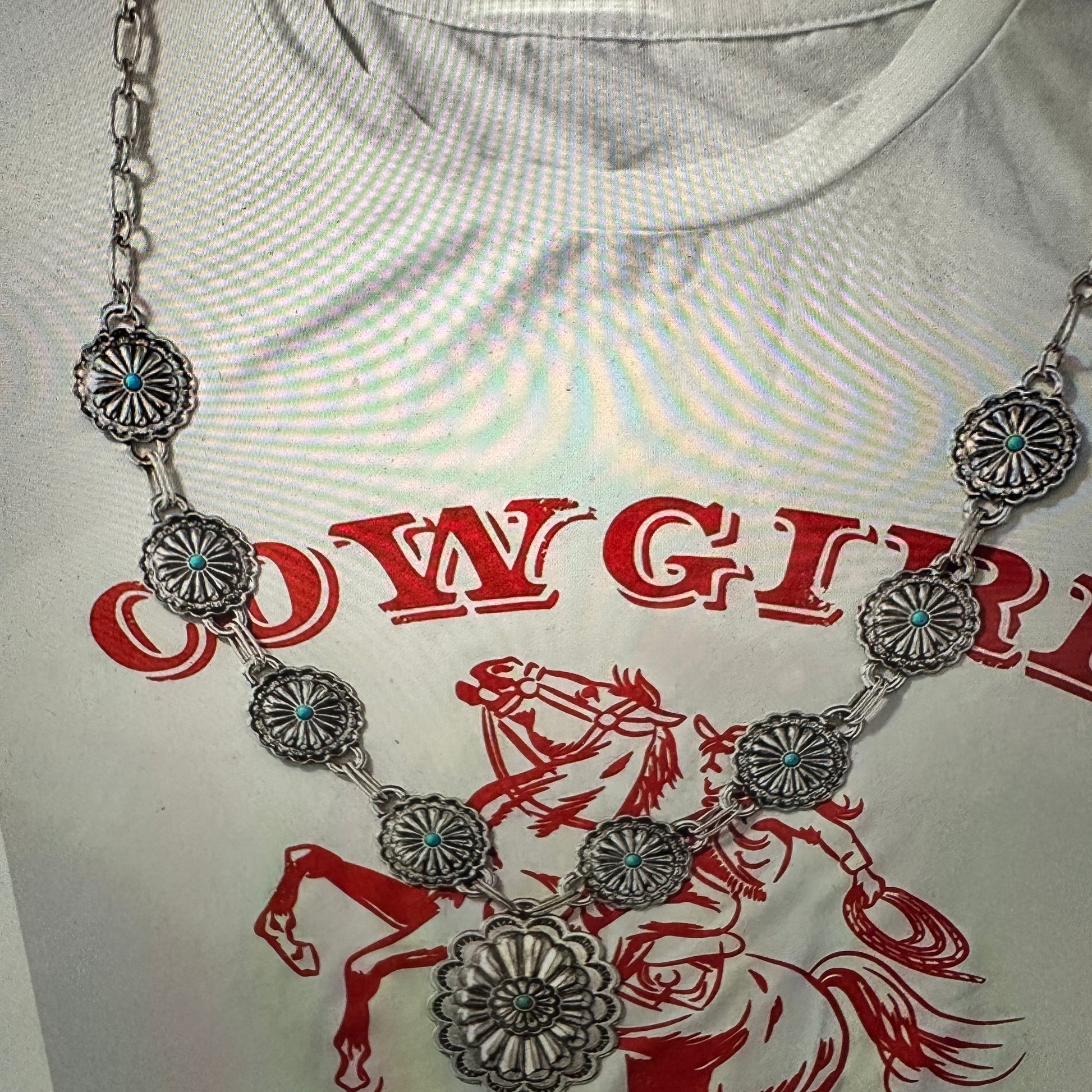 Southwestern Boho Cowgirl Concho Necklace with Turquoise Gem, Includes Gift Box - Silver Elegant